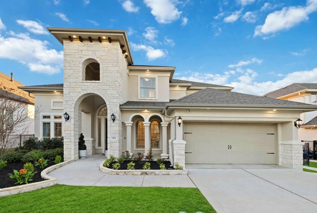 View of front of home featuring an attached garage, stone siding, stucco siding, and driveway