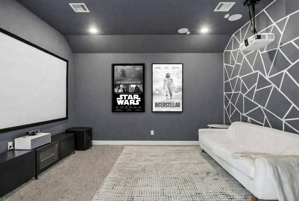 1517 Bardella Drive Leander, TX 78641 - Photo 26 of 40 Home theater with an accent wall, light carpet, recessed lighting, and lofted ceiling