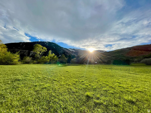 2807 North Ogden Canyon Road Eden, UT 84310 - Photo 68 of 72 Expansive green field surrounded by mature trees and distant mountains, featuring a bright sky with scattered clouds
