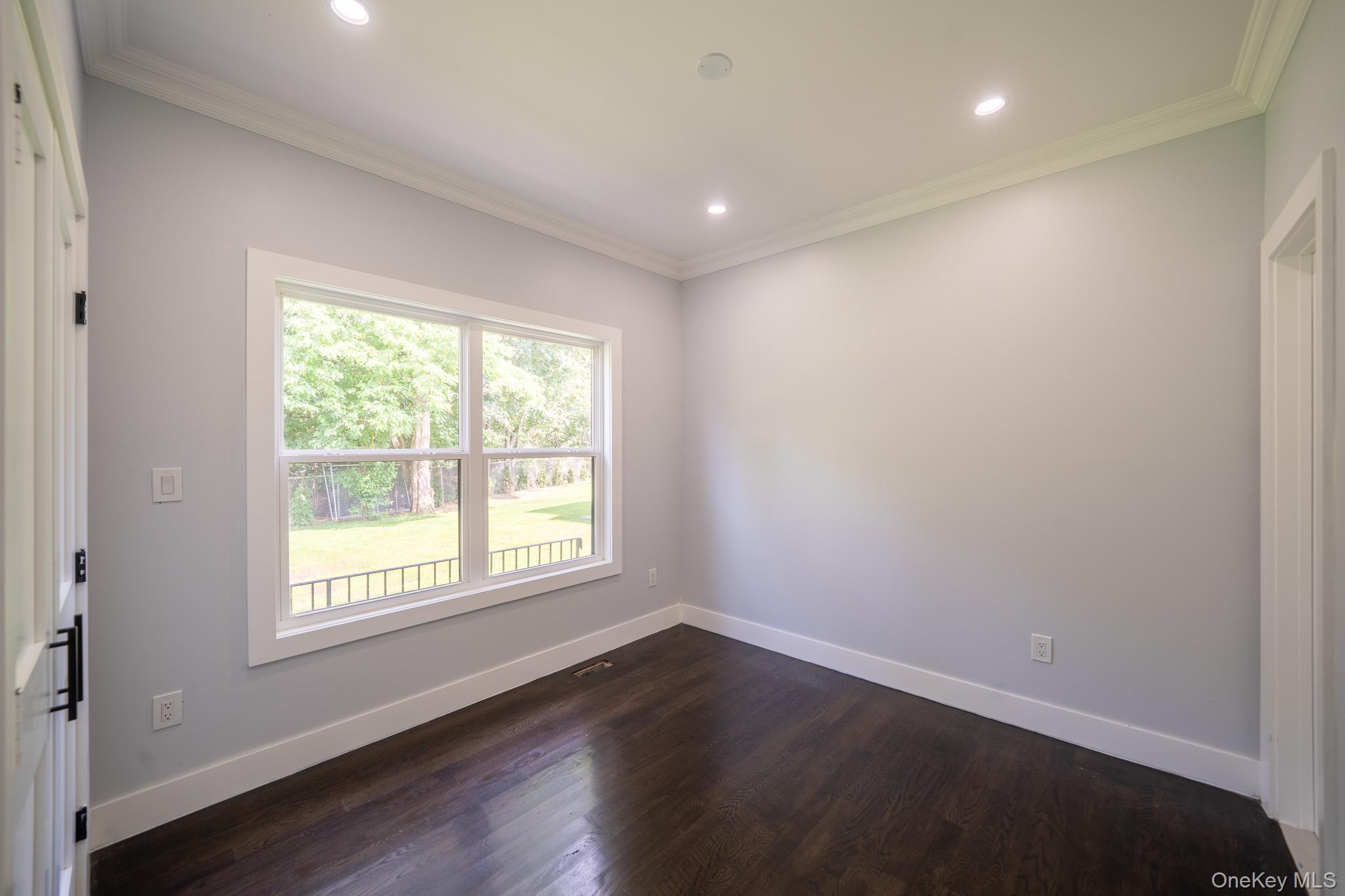 770 Cedar Street Syosset, NY 11791 - Photo 17 of 35 Unfurnished room with dark wood-style floors, ornamental molding, and recessed lighting
