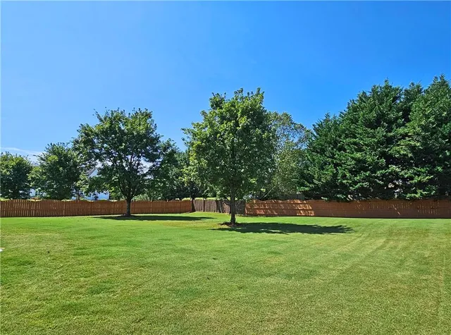 a view of green field with trees in the background
