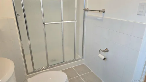 a bathroom with a shower and toilet
