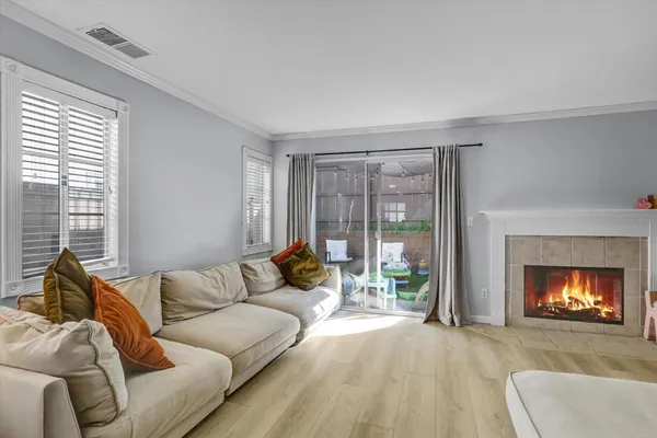 a living room with furniture and a fireplace