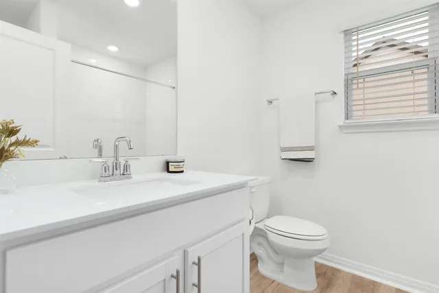 a bathroom with a sink a toilet and mirror