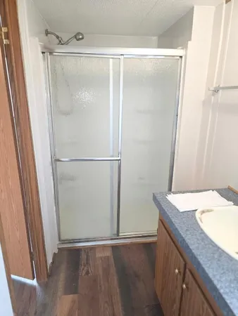 a bathroom with a granite countertop shower and a sink