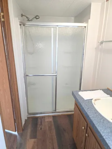 a bathroom with a granite countertop shower and a sink
