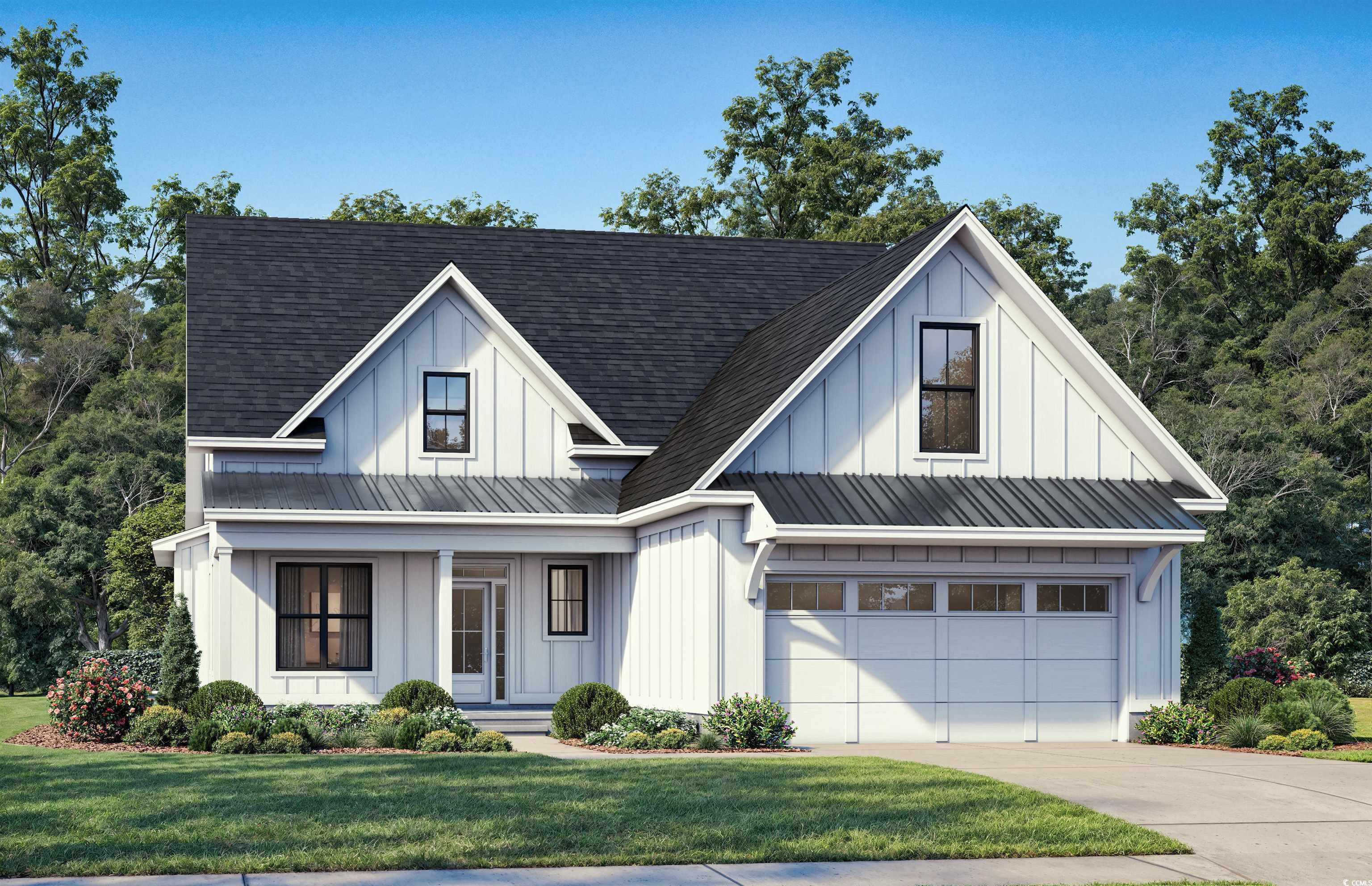 Modern inspired farmhouse with board and batten siding, covered porch, and a shingled roof