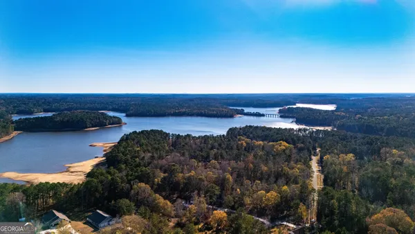 an aerial view of residential houses with outdoor space and trees