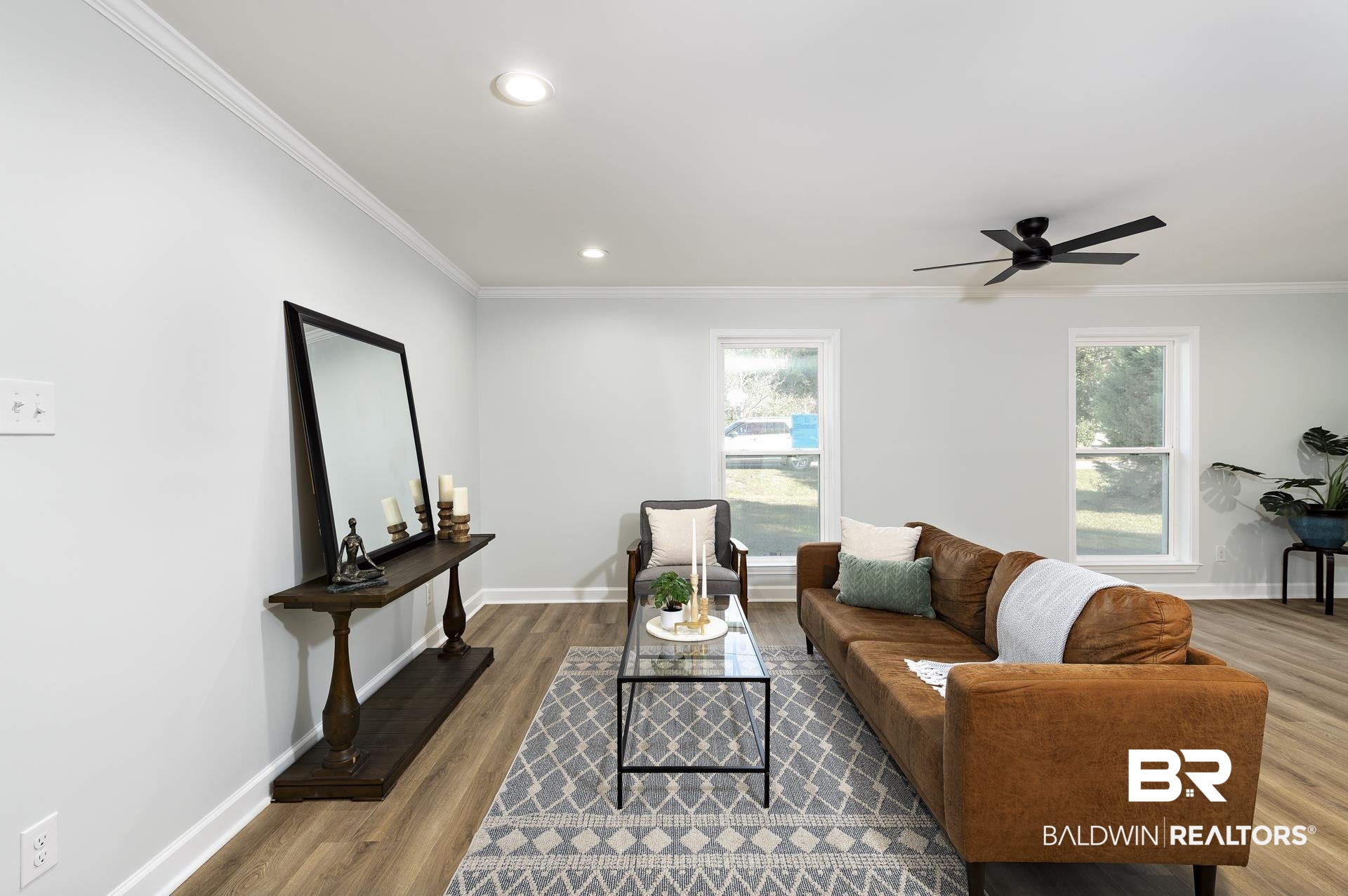 6001 Camp Halls Mill Road Mobile, AL 36619 - Photo 4 of 52 Living area with ornamental molding, wood finished floors, a ceiling fan, and recessed lighting