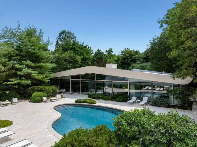 a view of a swimming pool and lounge chair