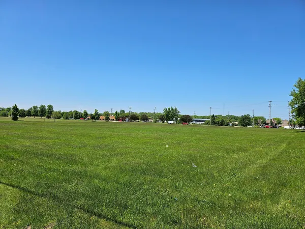 a view of a grassy field with benches