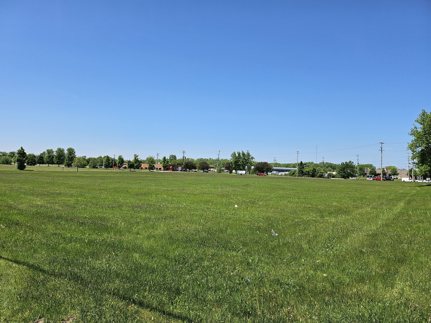 a view of a grassy field with benches