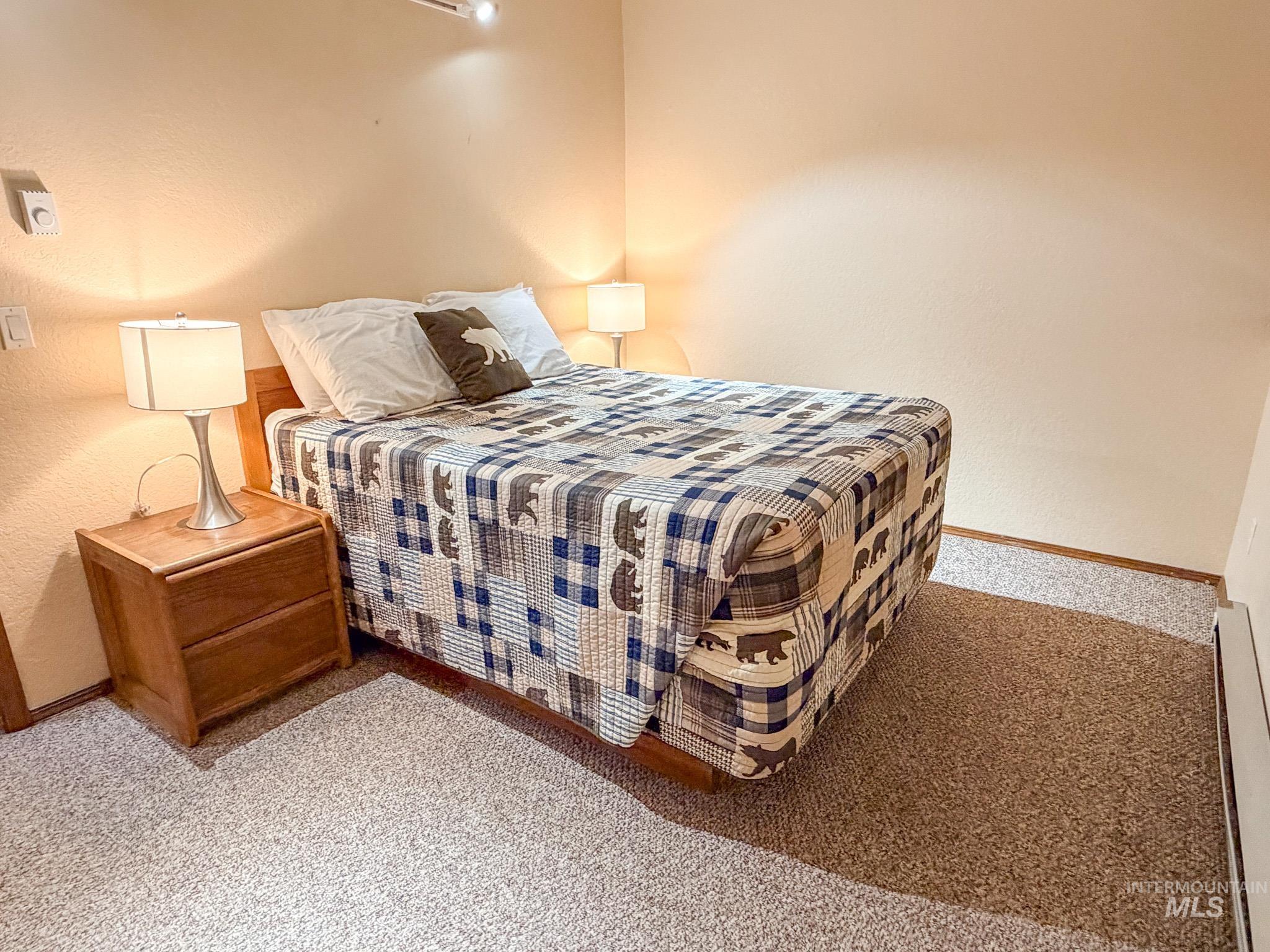 1630 Davis Avenue, Unit F46 McCall, ID 83638 - Photo 14 of 23 Bedroom featuring a textured wall, carpet flooring, and a baseboard heating unit