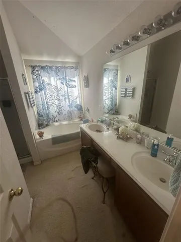a bathroom with a double vanity sink and a bathtub