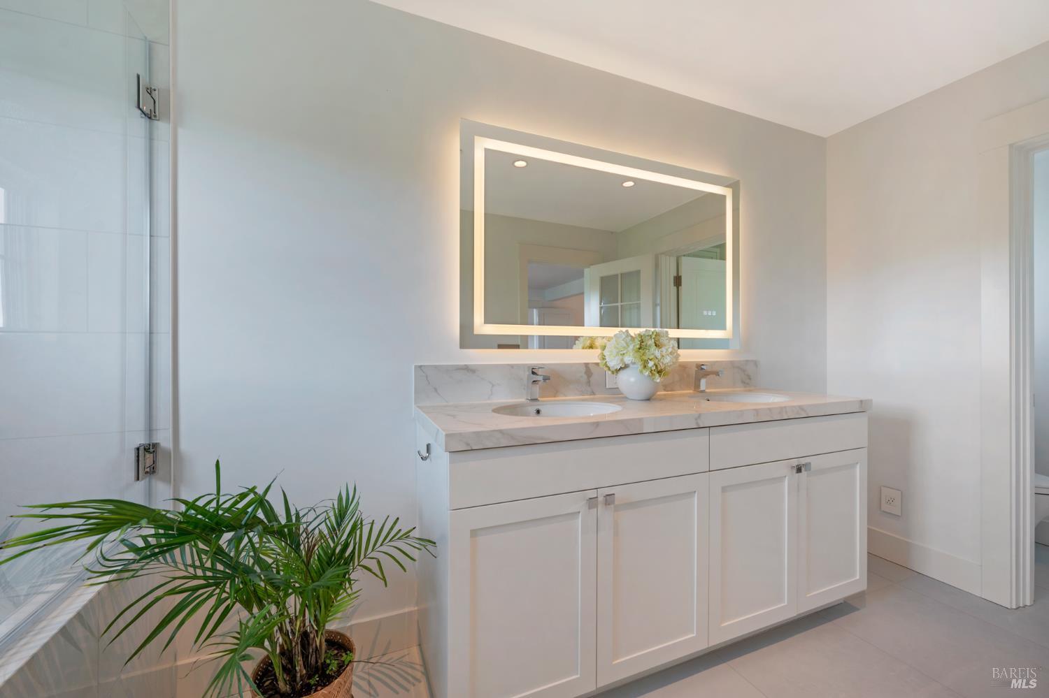 22 Eucalyptus Road Belvedere, CA 94920 - Photo 51 of 64 a bathroom with a granite countertop sink a mirror and a potted plant