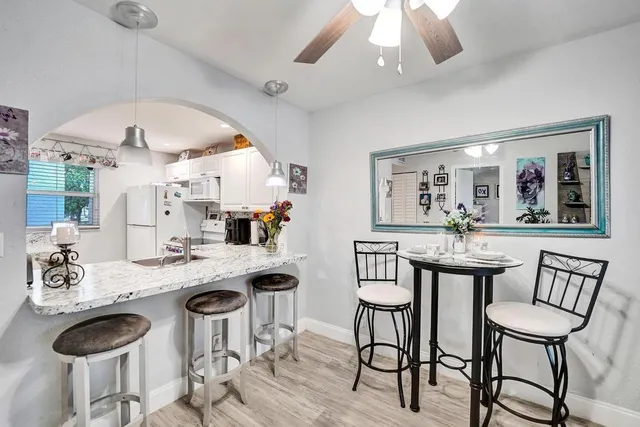 a living room with furniture a dining table and a potted plant