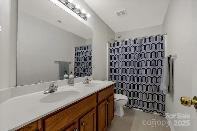 a bathroom with a sink a toilet and shower curtain