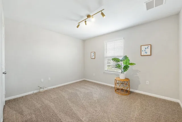 an empty room with potted plant and wooden floor