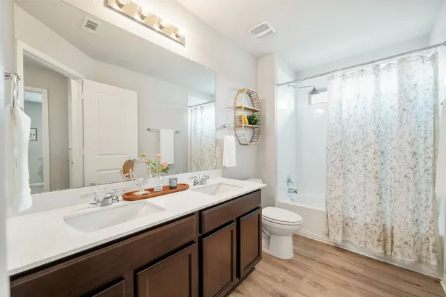 a bathroom with a sink a toilet a shower and a mirror