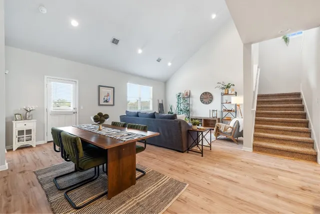 a view of a dining room with furniture