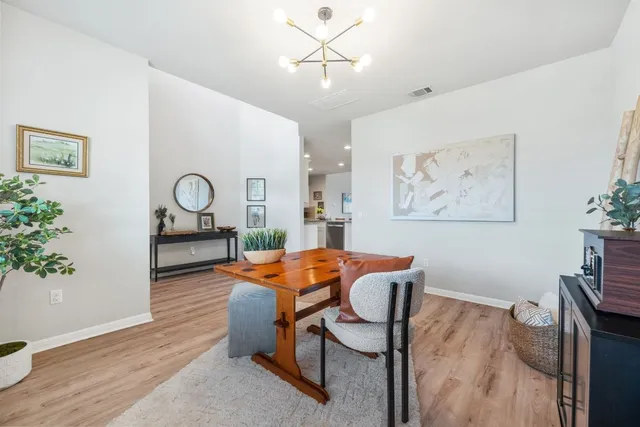 a living room with furniture and a potted plant