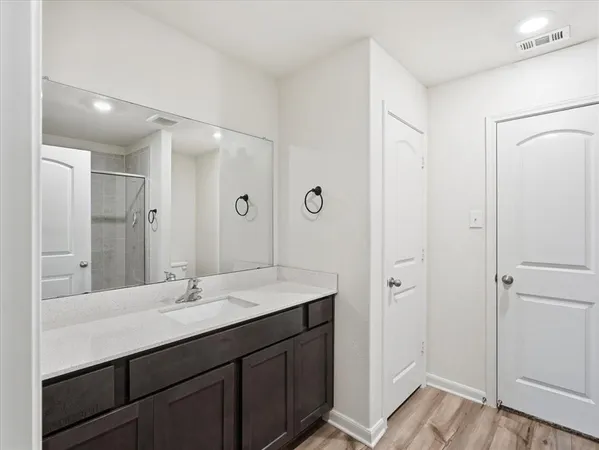 a bathroom with a sink shower and a mirror