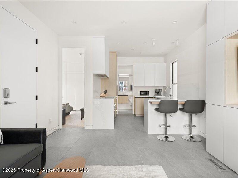 211 West Main Street, Unit 101 Aspen, CO 81611 - Photo 3 of 13 a kitchen with stainless steel appliances kitchen island refrigerator sink and white cabinets