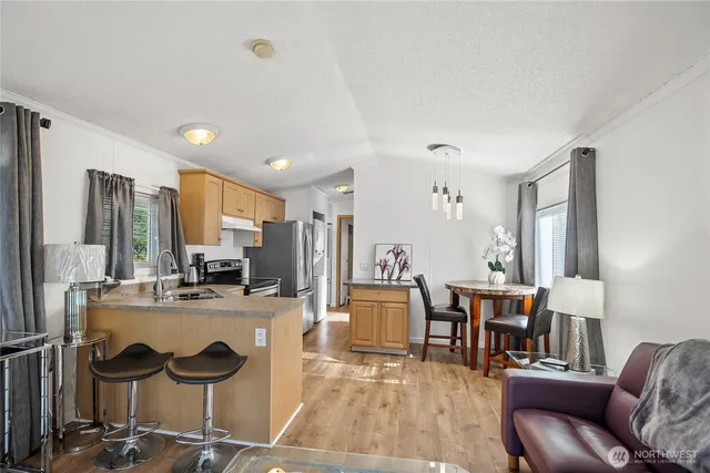 a view of a dining room with furniture