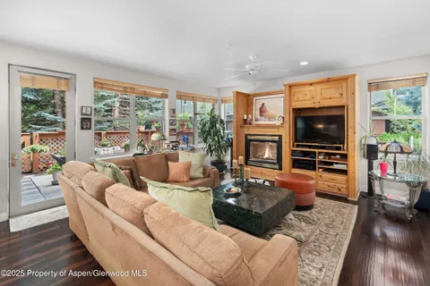 a living room with fireplace furniture and a flat screen tv