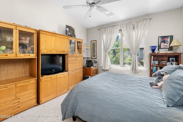 a bedroom with furniture a flat screen tv and a window