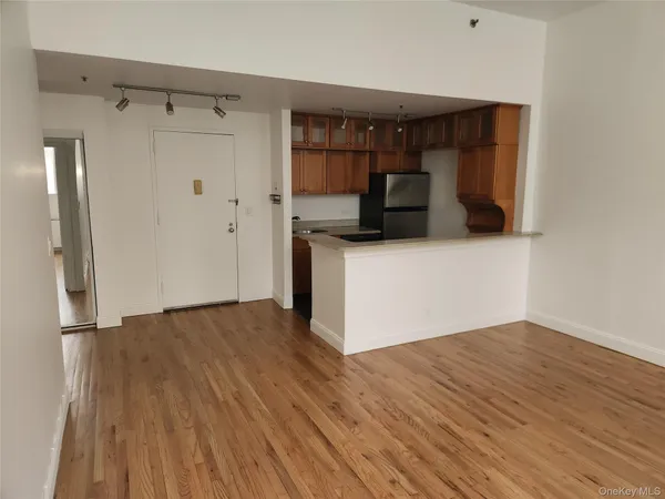 a view of empty room with wooden floor and cabinet
