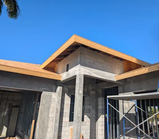 a blue house with a outdoor space