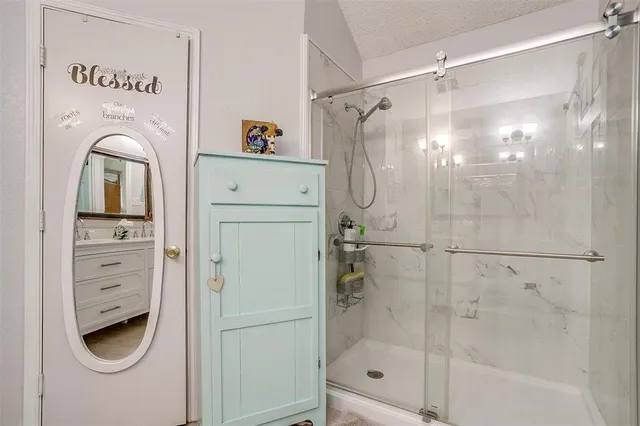 a bathroom with a shower a mirror and a sink