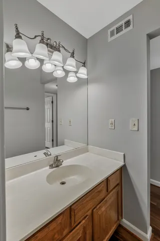 a bathroom with a sink vanity and a mirror