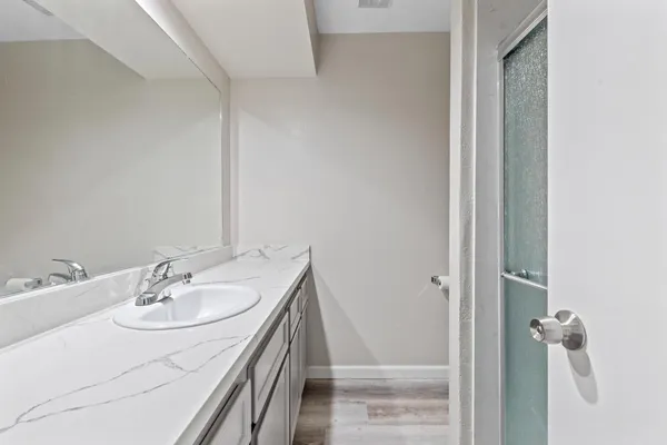 a bathroom with a sink and a mirror
