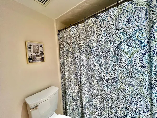 a white toilet sitting next to a shower curtain