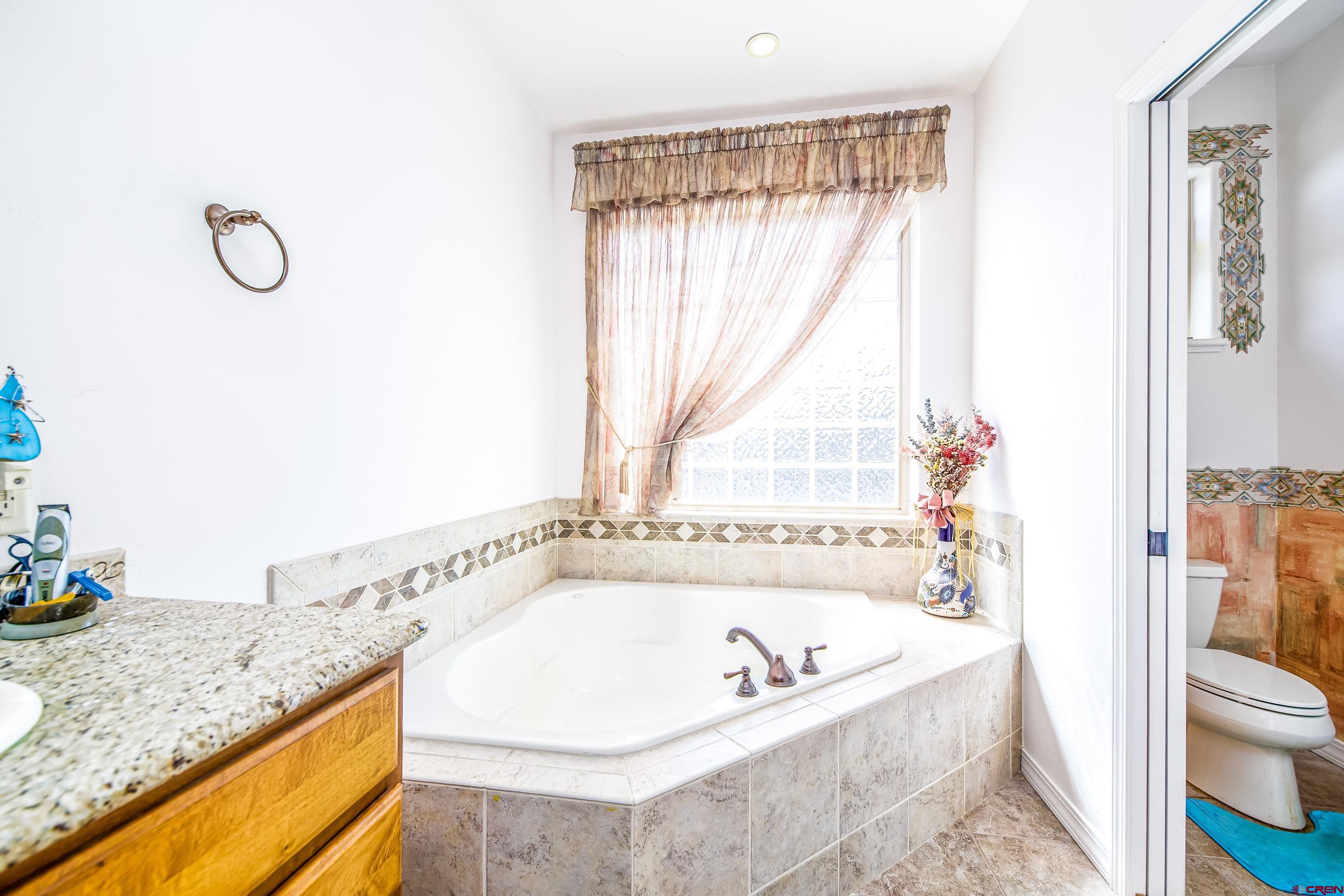 8692 Saddle Ridge Road Austin, CO 81410 - Photo 32 of 35 a bathroom with a granite countertop tub sink and mirror