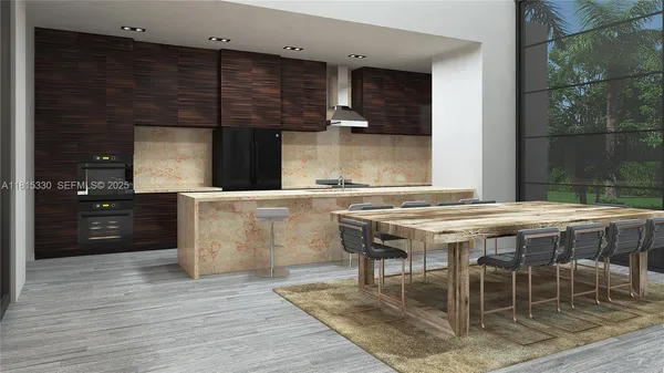 a dining room with furniture and wooden floor
