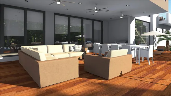 a living room with couches and a potted plant on a table