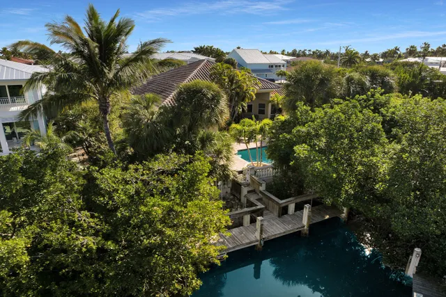 an aerial view of a house with a garden and lake view