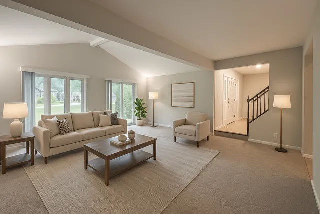 a living room with furniture and a table