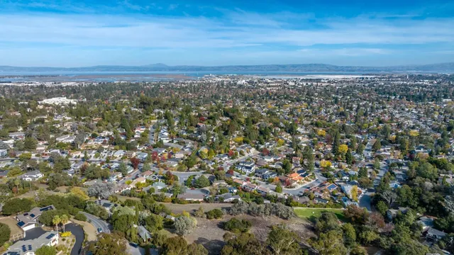 an aerial view of residential building and trees around