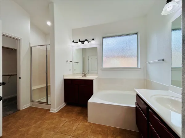 a bathroom with a tub sink vanity and mirror