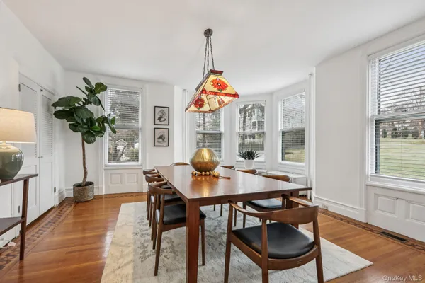 a view of a dining room with furniture window and wooden floor