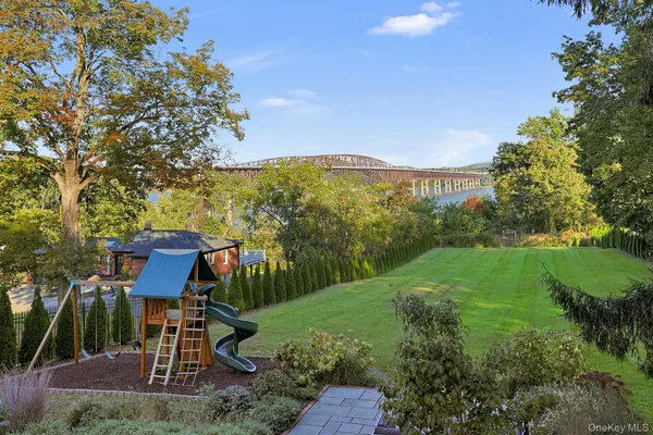 a garden view with a seating space