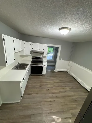 a kitchen with cabinets wooden floor and stainless steel appliances