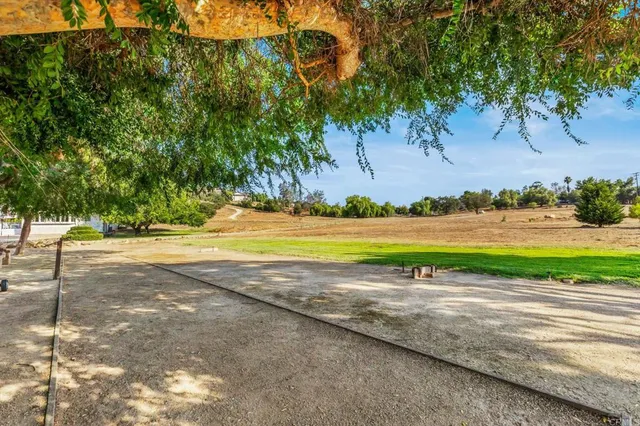 a garden view with a seating space