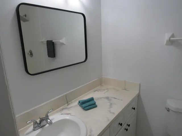 a bathroom with a sink and mirror