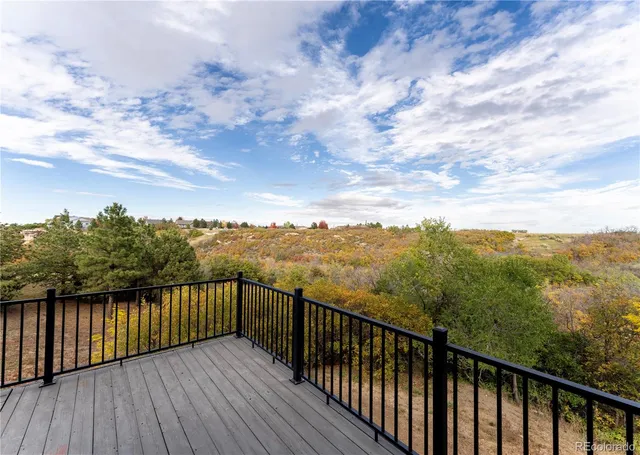 a view of a balcony with wooden floor