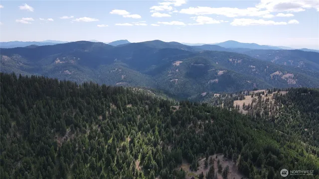 a view of a town with mountains in the background